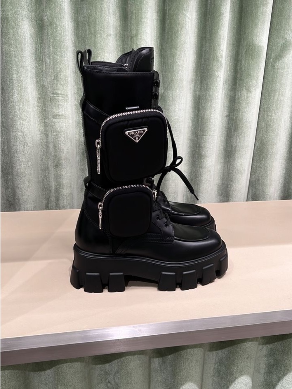 Prada Black Platform Lug-Sole Combat Boots with Detachable Pouches